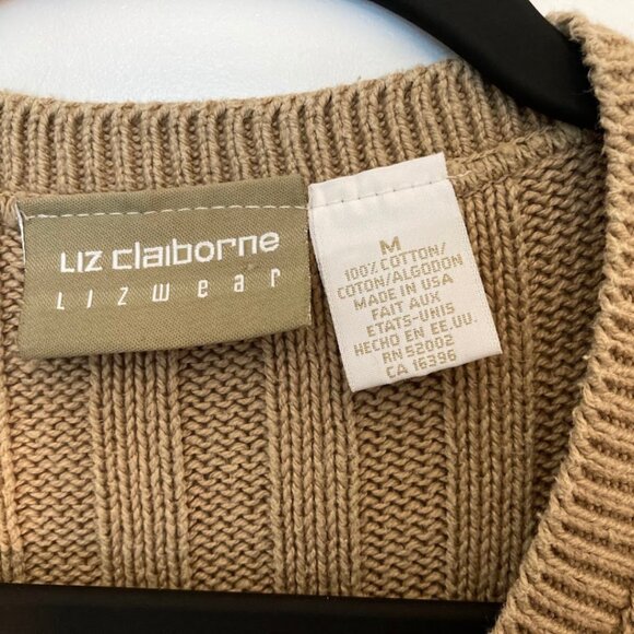 Liz Claiborne Cable Knit Short Sleeve Cotton Sweater, V-Neck, Beige - Picture 11 of 16